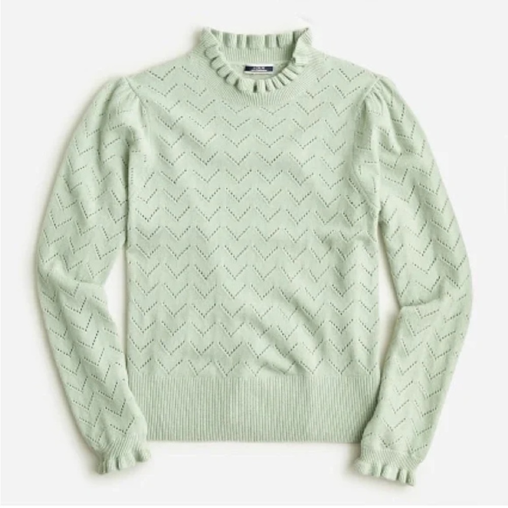 J Crew Women’s Cashmere Pointelle Ruffle Trim Sweater XXS XS Soft Sage Green